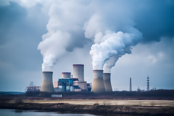 Fototapeta na wymiar The chimneys of a power station with huge smoke smokestack emission. 
