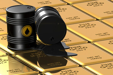 Black oil barrel and gold bullions - obrazy, fototapety, plakaty