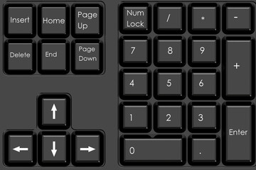 Black computer keyboard with number pad and arrow keys