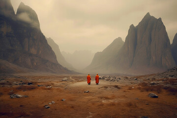 Mountain Meditations: A Glimpse into the World of Buddhist Monks - obrazy, fototapety, plakaty