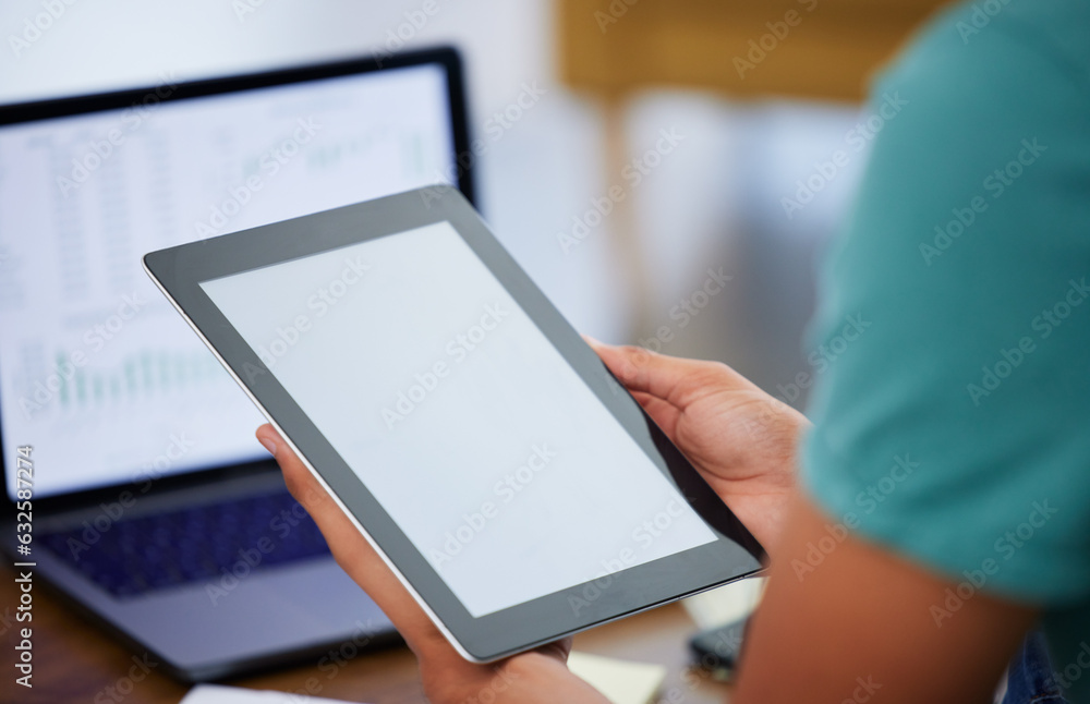 Poster Tablet in hands, screen and mockup, social media app and communication with laptop and market statistics. Smartphone, UX and technology, person and data analysis, dashboard on pc and info with UI
