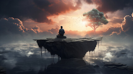 Loneliness sad person sitting on a flying island