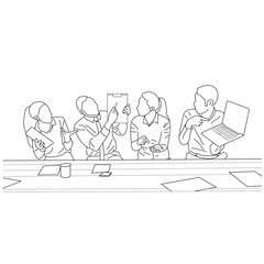 Vector business meeting discussion between workers in cafe round table cartoon Line art. Business training and presentation concept. continuous line drawing of office workers at business meetings