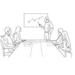 Vector business meeting discussion between worker in cafe round table cartoon Line art. Business training and presentation concept. continuous line drawing of office workers at business meetings