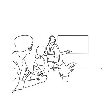 recommend clip art: Vector business meeting discussion between workers in cafe round table cartoon Line art. Business training and presentation concept. continuous line drawing of office workers at business meetings
