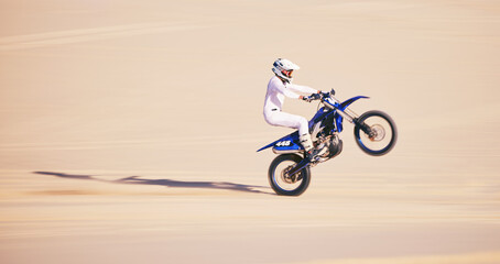 Bike, sand and mockup with a man in the desert for adrenaline, adventure or training in nature....