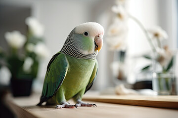 Bird - home pet, green parrot at home in white light interior. Close-up of friendly and cute Monk Parakeet. Generated Ai