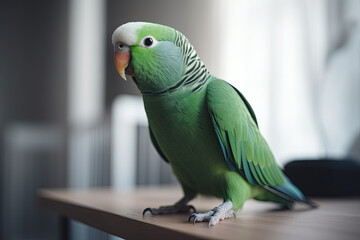 Bird - home pet, green parrot at home in white light interior. Close-up of friendly and cute Monk Parakeet. Generated Ai