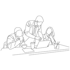 Vector business meeting discussion between worker in cafe round table cartoon Line art. Business training and presentation concept. continuous line drawing of office workers at business meetings