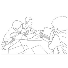 Vector business meeting discussion between worker in cafe round table cartoon Line art. Business training and presentation concept. continuous line drawing of office workers at business meetings
