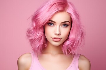 Teenage girl with pink hair in Barbie Pink style
