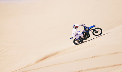 Bike, sports and mockup with a man in the desert for fitness or adrenaline hobby for freedom....