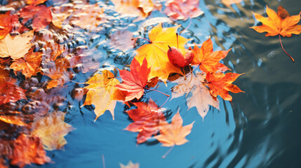 Colorful autumn leaves floating in pond or lake water. Autumn leaves in a rain puddle during a sunny day. October weather and November nature background.

Generative AI.