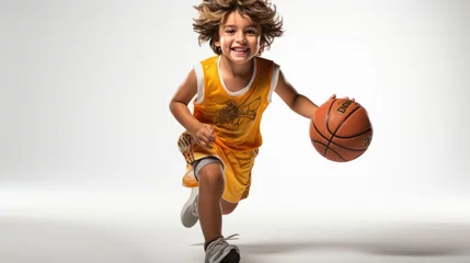 Zelfklevend Fotobehang  little boy basketball player in action, ai generative © nataliya_ua