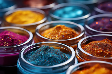 Fototapeta Makeup image of row of colorful powder jars containing dipping powder for nail polish. obraz