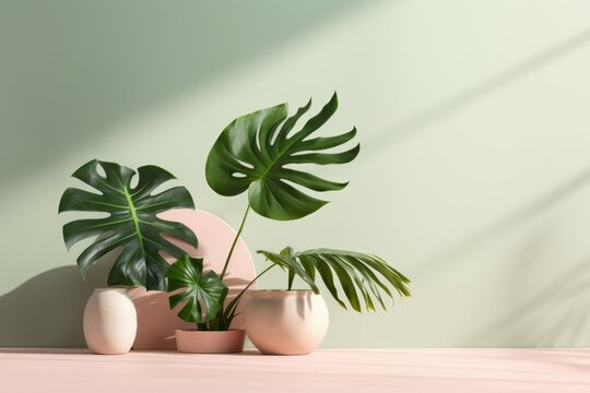 Tropical plants in pot on minimal style wall background still life image. Generated by AI technology.