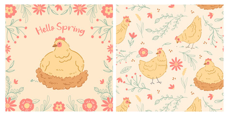 Cute Farm Chickens Vector Graphics: Versatile and Charming Illustrations for Greeting Cards, Invitations, Wallpapers, Crafts, and Creative Projects - High-Quality Royalty-Free Designs. Easter