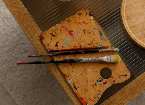 painting brushes on pallet. art tools