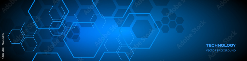 Poster dark blue technology abstract wide background with hexagonal elements. abstract hexagon medical navy