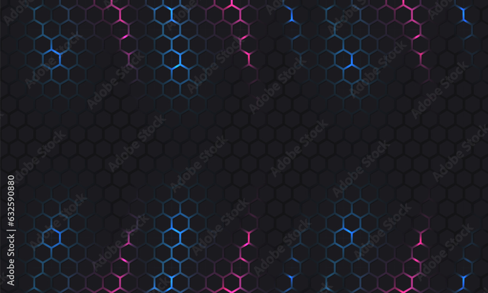 Poster dark hexagon abstract technology background with blue and pink colored bright flashes under hexagon.