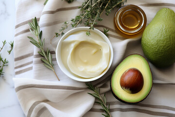 flat lay image featuring natural ingredients like avocado, honey, and aloe vera, used to create a DIY moisturizing mask Generative AI