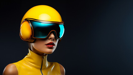 Fashion Frau Gesicht mit Helm und 3d Brille Virtuell VR Brille für Meta World Nahaufnahme, ai generativ