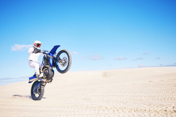 Bike, mockup and balance with a man in a desert for fitness or an adrenaline hobby on space....