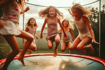 Happy Girls on the Trampoline