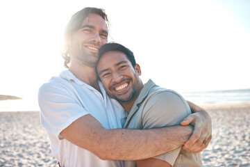 Love, happiness and gay couple on beach, hug and laugh on summer vacation together in Thailand. Sunshine, ocean and smile, lgbt couple embrace in nature for fun holiday with pride, sea and sand.