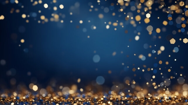 Abstract background featuring dark blue and gold particles. New Year backdrop with golden stars and shimmering sparkles. Christmas golden light radiates with a bokeh of particles.

Generative AI.