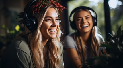 Two young women record a podcast and laugh. happily