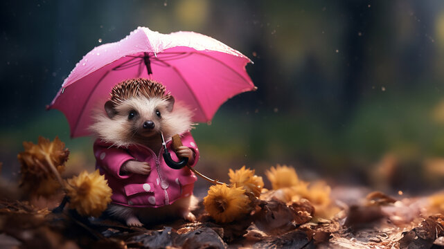 S&uuml;&szlig;er Igel im Mantel und Regenschirm im Wald, ai generativ