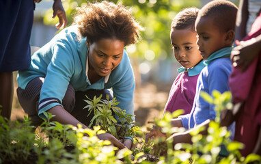 African american school teacher woman in school garden with schoolchildren doing gardening, back to school concept