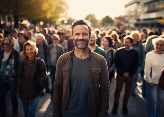 man standing in a crowd of people walking through the city - obrazy, fototapety, plakaty