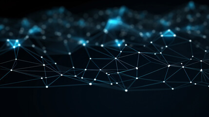 Obraz premium 3D abstract modern connection structure on a white background with a mesh concept, featuring polygons in the center with a deep blue hue set against a dark black background.Generative AI.