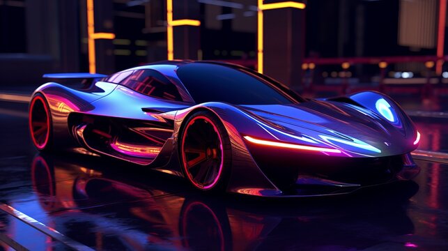 Sleek hypercar from the distant future. Purple or violet colors
