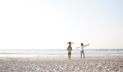 Beach, LGBT and playing kid, happy family and enjoy fun time walking on travel vacation, holiday or nature freedom. Sea water, mockup sky and gay couple, people or parents bonding with adoption child