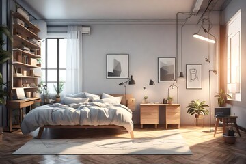 Naklejka na ściany i meble illustration of room with bed and workspace 3d rendering