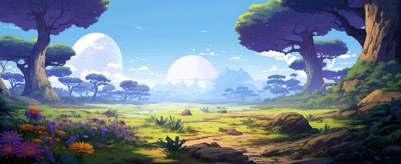 A painting of a landscape with mountains and trees at the day