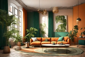 A stylish modern Bohemian living room interior design with green and orange tone colors. 3d rendering