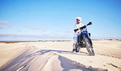 Desert sky, motorcycle or extreme sports person looking at outdoor view, Dubai nature or off road...
