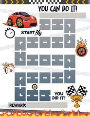 Reward chart for boys. Sports Car. Table of behavior and routine work of kids. Vector illustration