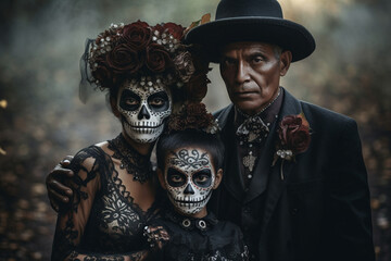 Fototapeta na wymiar Create a visually striking scene of adults gathering around a grand Day of the Dead altar, with their beautifully designed makeup as a tribute to the departed.