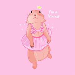 Vector clipart illustration, Kawaii prairie dog, princess with dress, skirt and crown. Pink, cute girl design, flat drawign. Queen animal