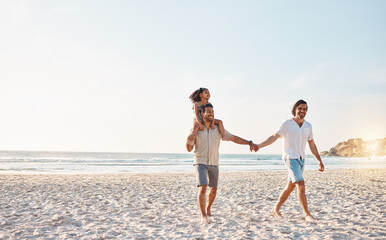 Lgbt parents on beach, men and child holding hands in summer, walking and island holiday together. Love, happiness and sun, gay couple on tropical ocean vacation with daughter on piggy back mockup.