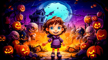 Halloween Cartoon 2D Trick-or-Treat Fantasy Wallpaper Background Backdrop Digital Art Generative AI KI Illustration Graphic Journal Book