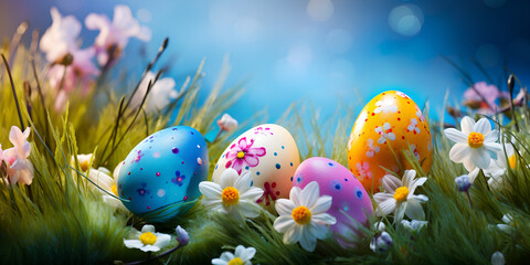 colourful Easter Eggs With Fresh Green Grass and Sun light ,HD wallpaper