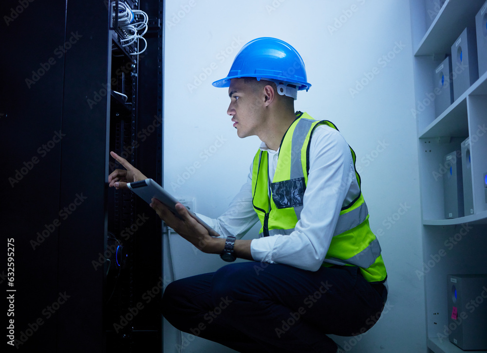 Poster man, engineering and tablet for power maintenance, server room or data center inspection in it cyber