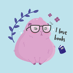 Cartoon Guinea Pig Vector, flat Illustration, clipart, cute, kawaii, book lover. Kid, Child, cute design