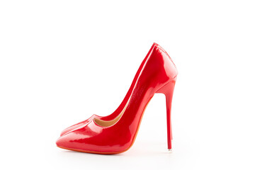 a pair of red women's high-heeled shoes on white background